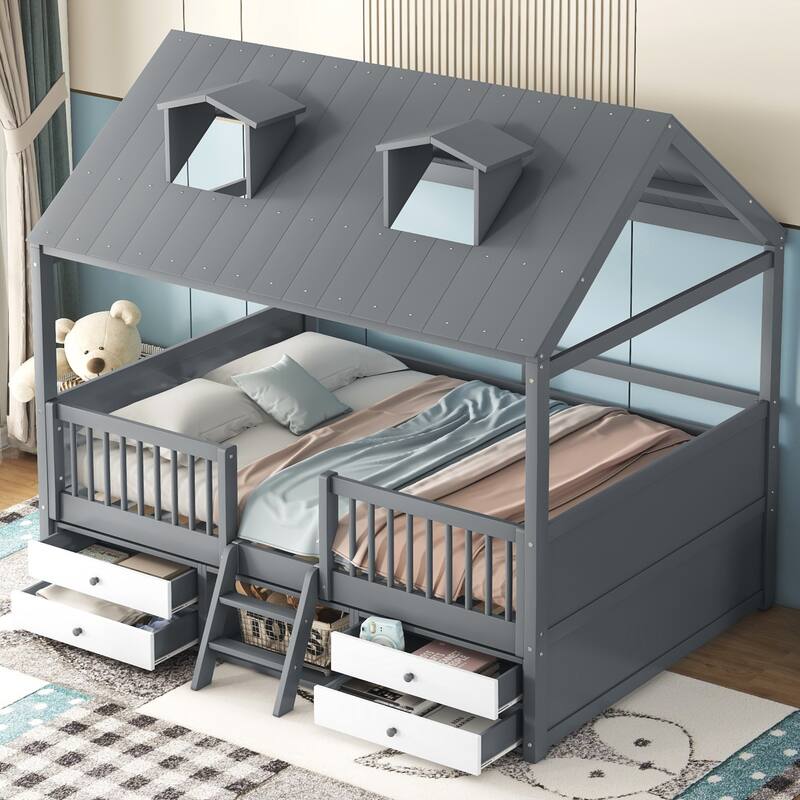 Twin/Full Size Wooden Platform Bed with 4 Drawers and Shelf, Pinewood House Bed Frame with Roof Skylights and Guardrail - Gray - Full