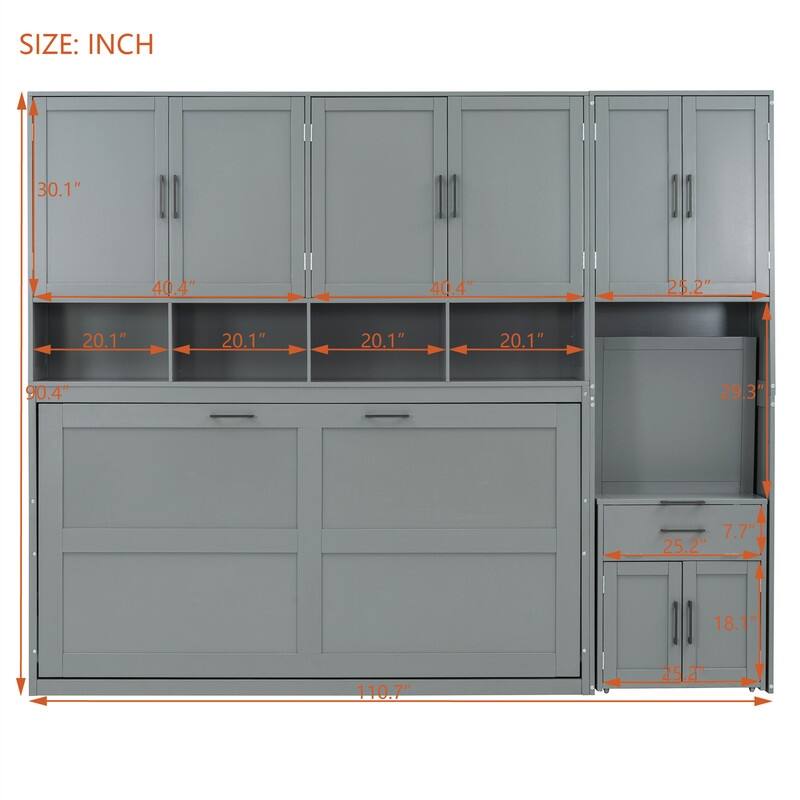 Twin Size Murphy Bed with Closet, Desk and Storage Shelves, Space Saving Design Murphy Bed Cabinet with Open Storage