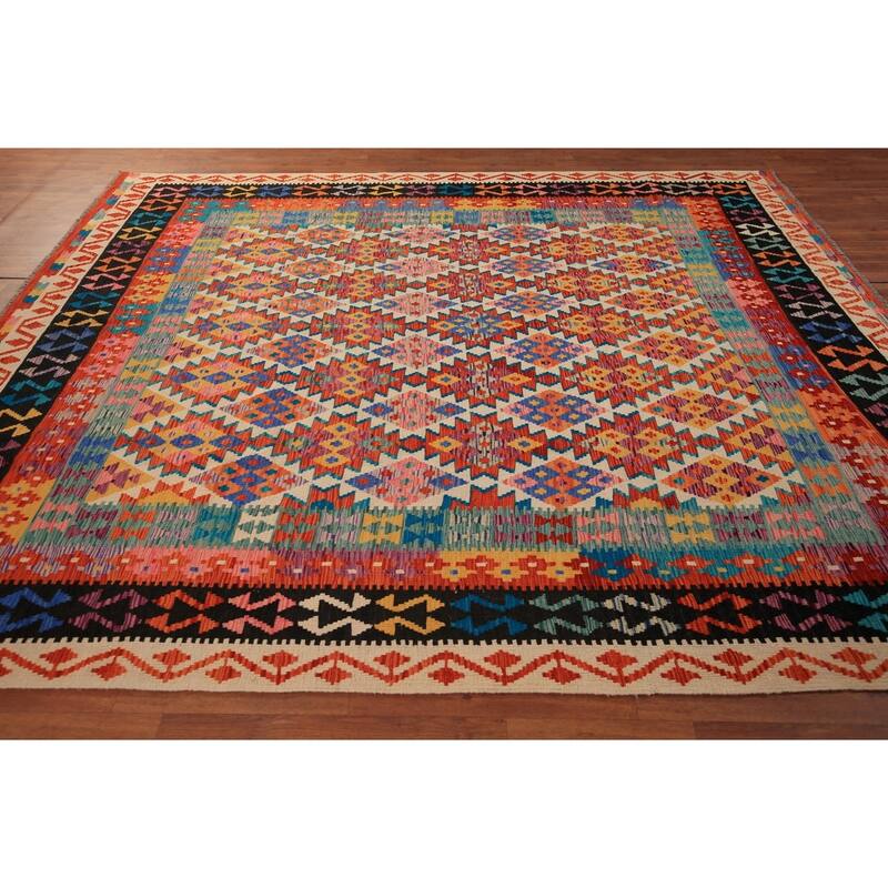 Reversible Kilim Area Rug Bedroom Hand-Woven Wool Carpet - 8'5" x 9'10"