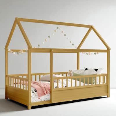 Twin/Full Size Floor House Bed with Fence Guardrails and Roof Frame, Montessori Wooden Platform Design