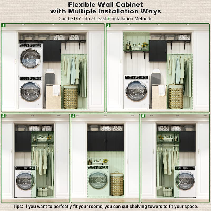 65''W Reversible Laundry Storage Cabinet with Doors and Storage Shelves and Shelf Towers