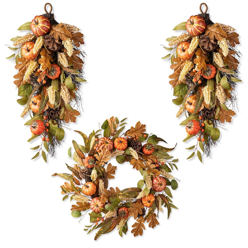 Glitzhome Fall Pumpkin Leaf Pine Cones Floral Swag Wreath Garland Thanksgiving Decor - 3-Piece Swag & Wreath