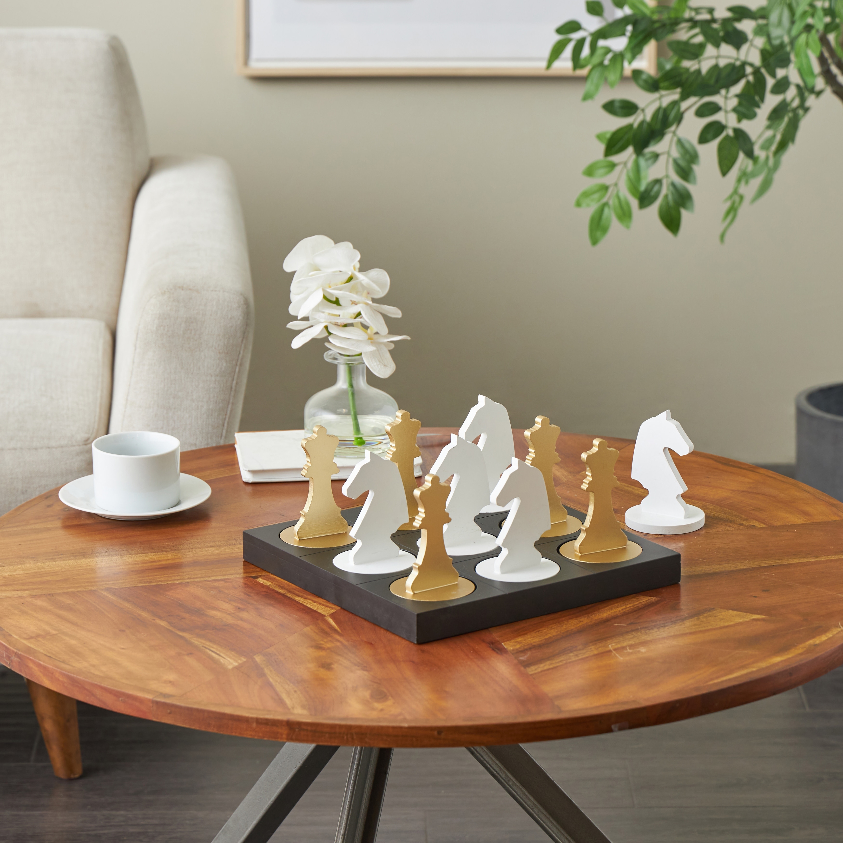 Black Wood Chess Home Decor Game Set with Gold and White Pieces