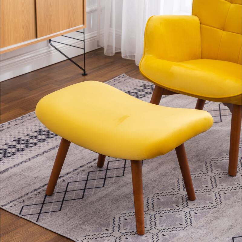 Leisure Chair Ottoman Set Office Chair, Stylish Velvet Upholstered Reception Chair Vanity Chair with Wooden Frame, Yellow