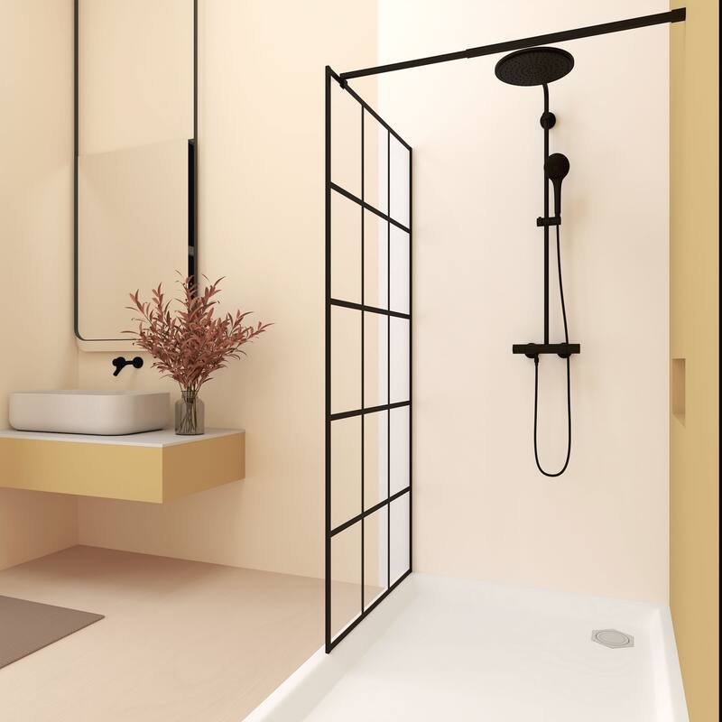 GDFStudio - Emerson Frameless Style Shower Screen with Silk-Printed Tempered Glass and Support Bar - 34" Width x 72"Height