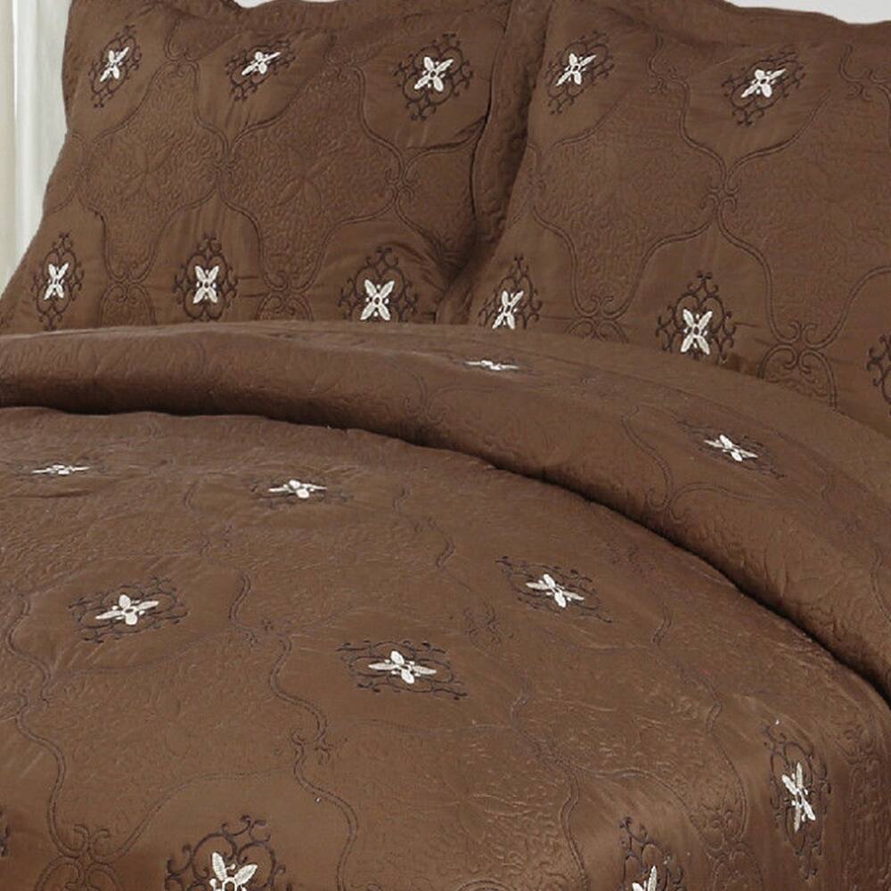 3Pcs Embroidery Quilts Bedspreads Set Coverlet Oversized King Brown