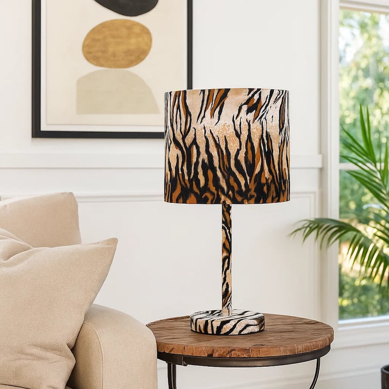Fabric Wrapped Table Lamp with Striped Animal Print, Brown and Black