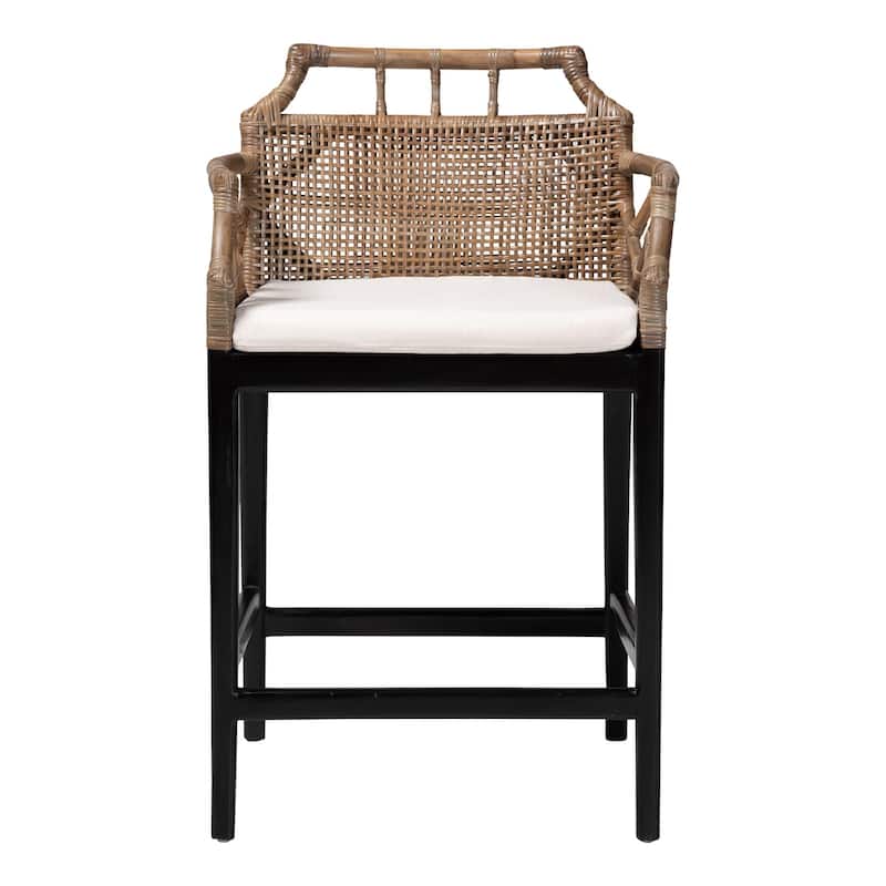 Abiel Natural Rattan Counter Stool with Arms and Removable Cushion - Handwoven Wicker Stool with Mahogany Wood Frame