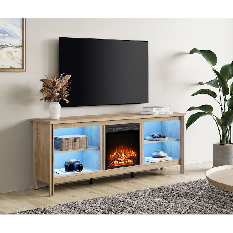 Wood Fireplace TV Stand for 75 Inch TV Entertainment Center, 70 Inch