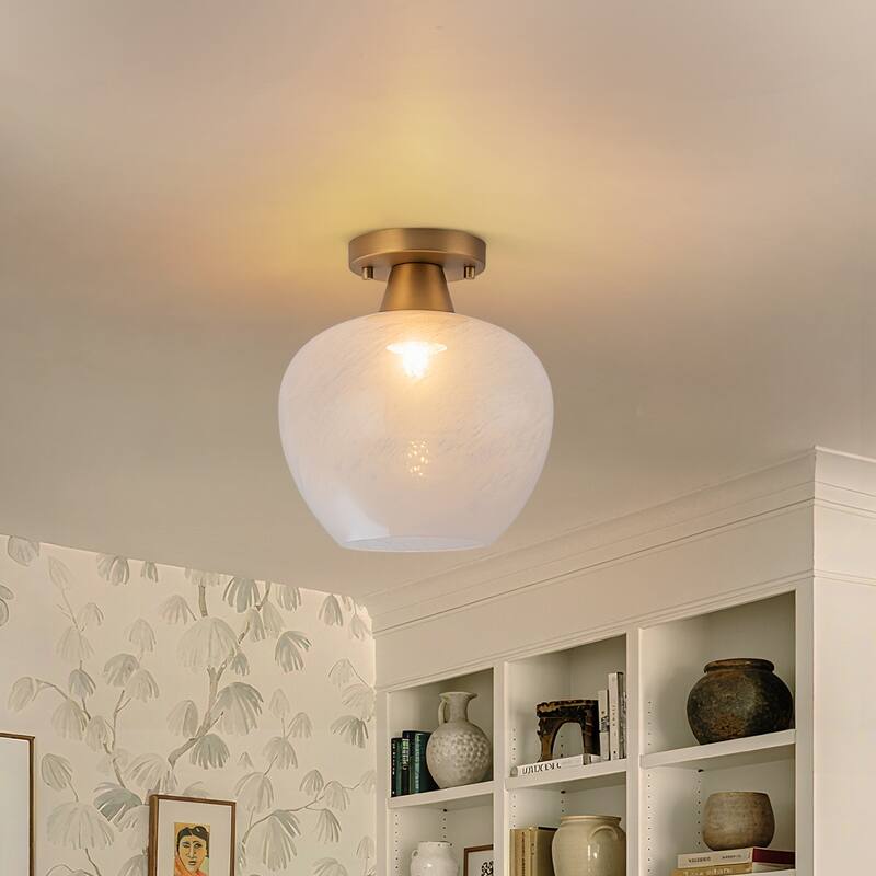 1-Light Gold Dome Flush Mount Ceiling Light with Opal Glass - Cloud Glass