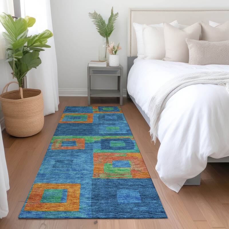 Machine Washable Indoor/ Outdoor Contemporary Blocks Chantille Rug - Denim - 2'3" x 7'6"