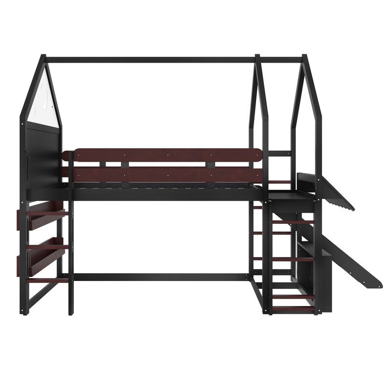 Twin Loft Bed with Slide, Bookshelf & House-Shaped Design for Kids