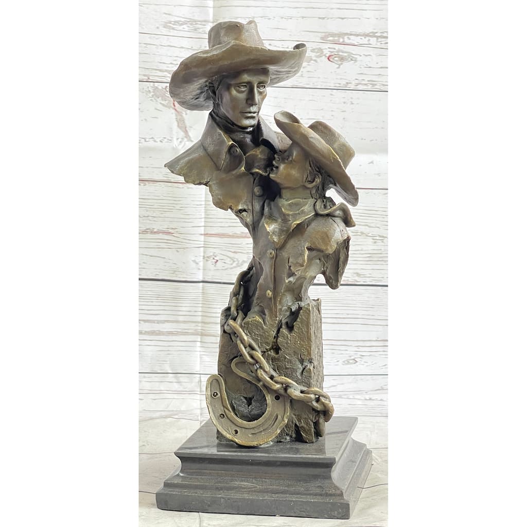 Just Like Papa Western Cowboy And Son Bronze Bust Statue Sculpture 13 Inches X 6 Inches