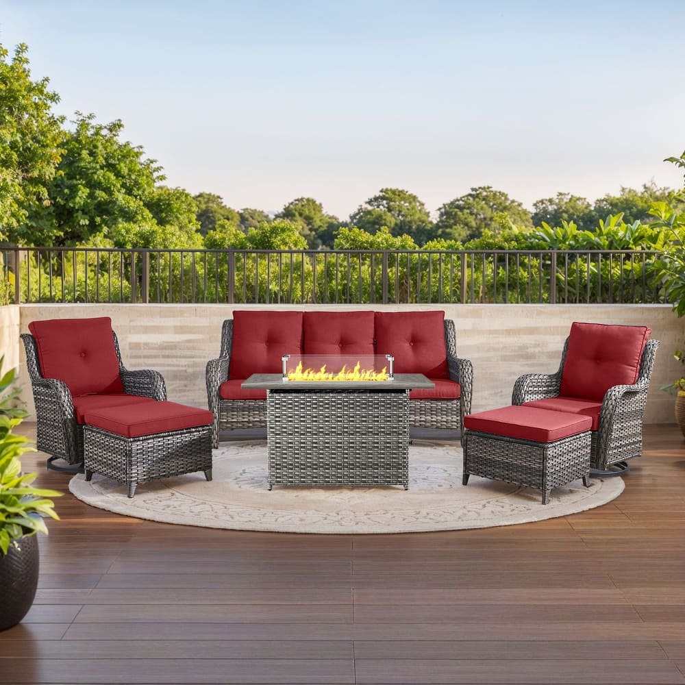 Gymojoy 6-Piece Outdoor Furniture Sofa Set with 2 Swivel Chairs, 2 Ottomans & 55K BTU Fire Pit Table