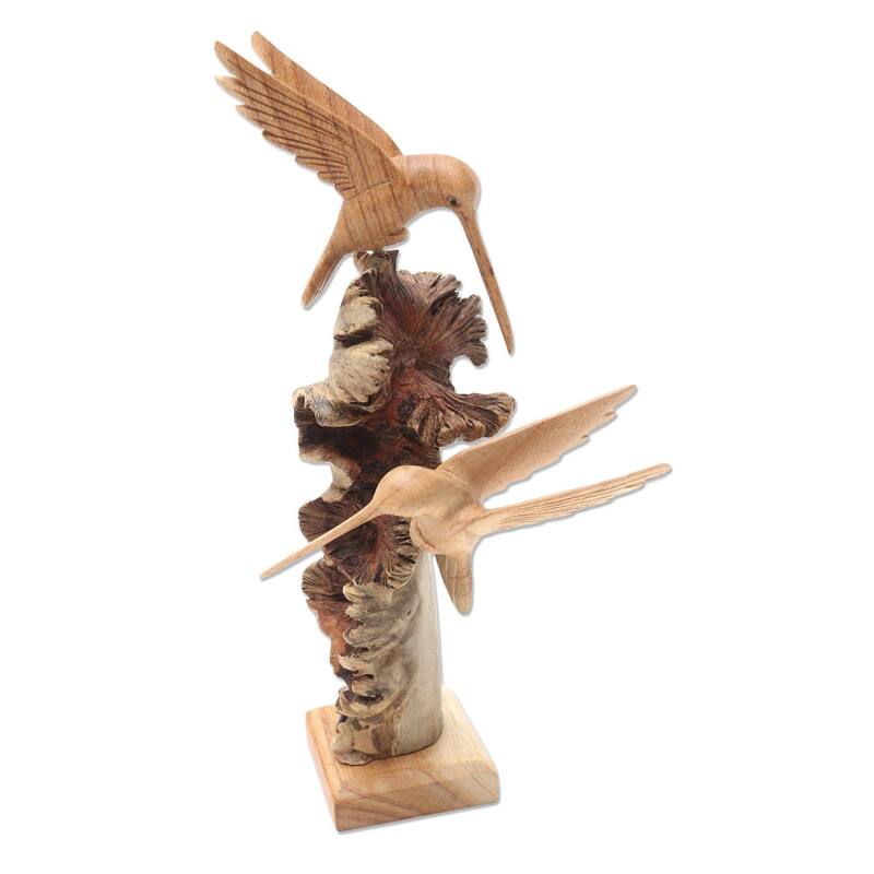 Wood sculpture, 'Hummingbird Heights' - 11.75" H x 2.8" W x 2.8" D