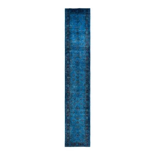 Hand Knotted Contemporary Overdyed Wool Blue Area Rug - 3' 2" x 19' 1"