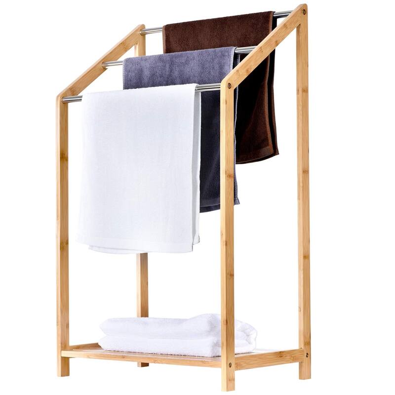 ToiletTree Products Bamboo Towel Rack Holder for Bathrooms (3 Tier) - Freestanding Beach Towel Stand with Towel Organizer - Brown/Tan - Wood Finish/Glossy