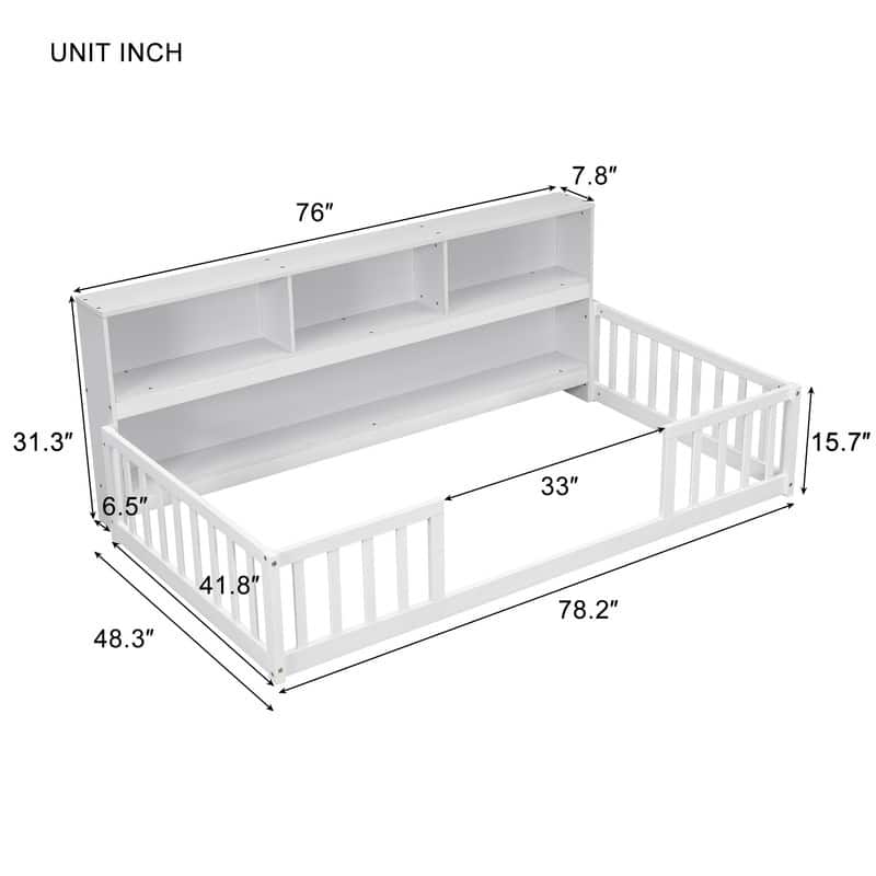 Wood Floor Bed with Bedside Bookcase,Shelves,Guardrails