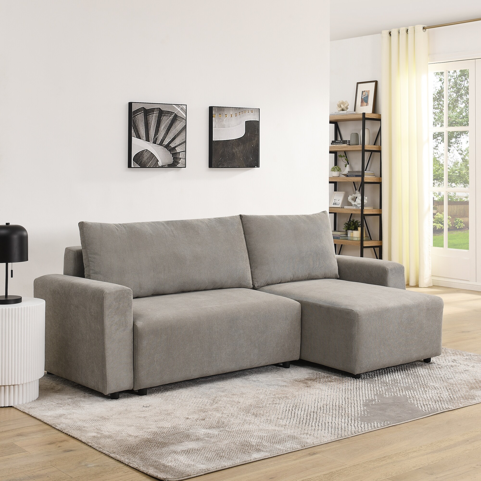 Jacques Ku'sto『OneDayIll WakeUpTogether』 Grey 92'' Corduroy 3-Seater Sectional Sofa with Storage, Chaise