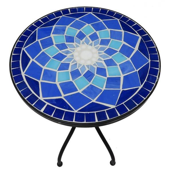 14 Inch Round Blue Mosaic Outdoor Side Table with Concrete Tile Top