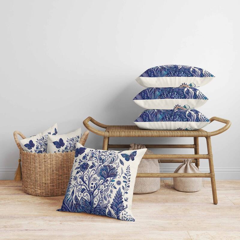 Winged Gardenia Faux Suede Reversible Throw Pillow Blue and Ivory