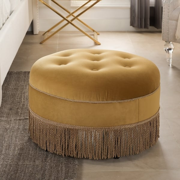 slide 2 of 92, Yolanda Performance Fabric 25" Tufted Round Footstool Ottoman with Rope Fringe