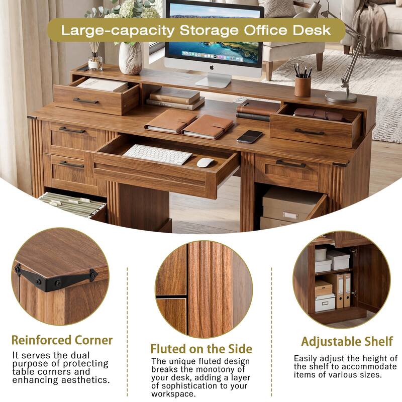 59" Farmhouse Office Desk With Charging Station & Storage Cabinet, Barn Door Design Home Office Study Desk with File Drawer