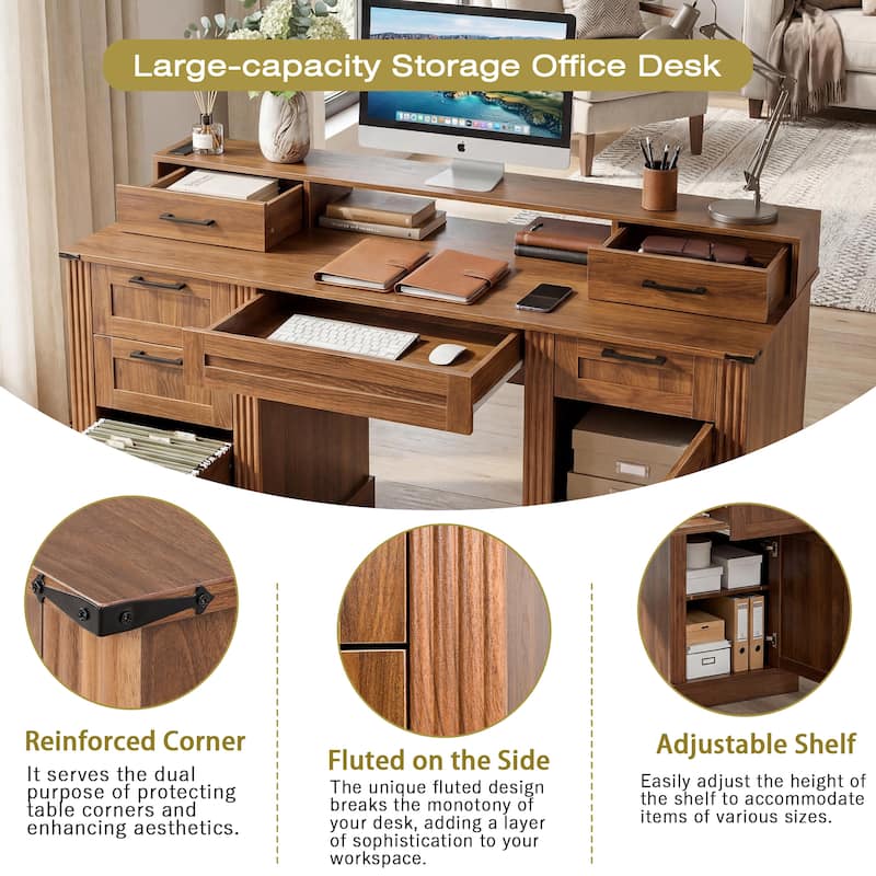 59 Inch Farmhouse Office Desk with Charging Station, Barn Door Desk with File Drawer Monitor Stand and Keyboard Tray