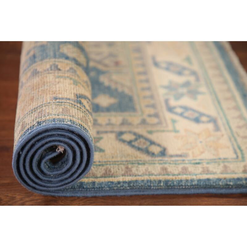 Blue Geometric Kazak Accent Rug Handmade Oriental Wool Carpet - 2'7"x 4'0"