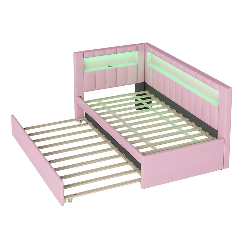 Twin Size Upholstered Platform Bed with USB Ports, LED Lighting, and Trundle in Pink