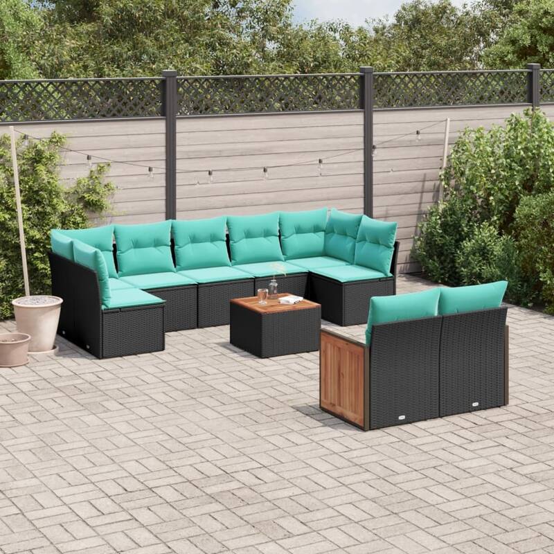 vidaXL 9 Piece Patio Sofa Set with Cushions Black Poly Rattan - 21.7x27.2x24.4-With table