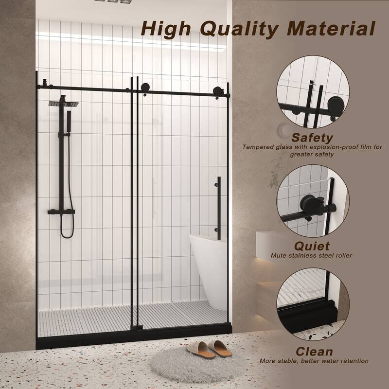 60x76 in. Sliding Shower Door, Frameless Tempered Glass with Stainless Handle, Quiet Wheels, Leakproof