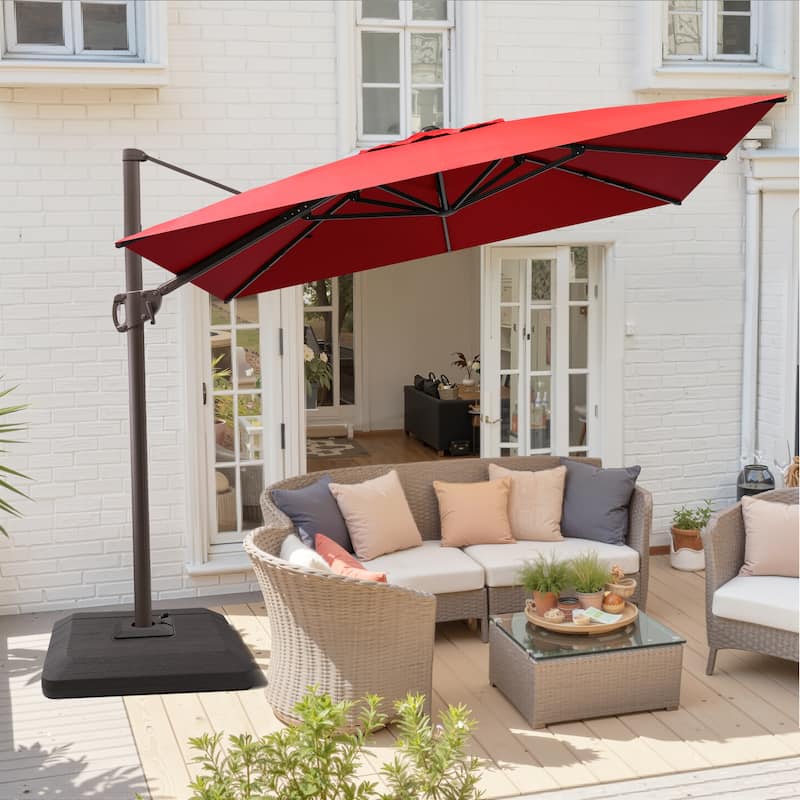 9 x 10.5 FT Outdoor Patio Umbrella Cantilever-Offset Umbrella with 4-Piece Fillable Weighted Base - Red