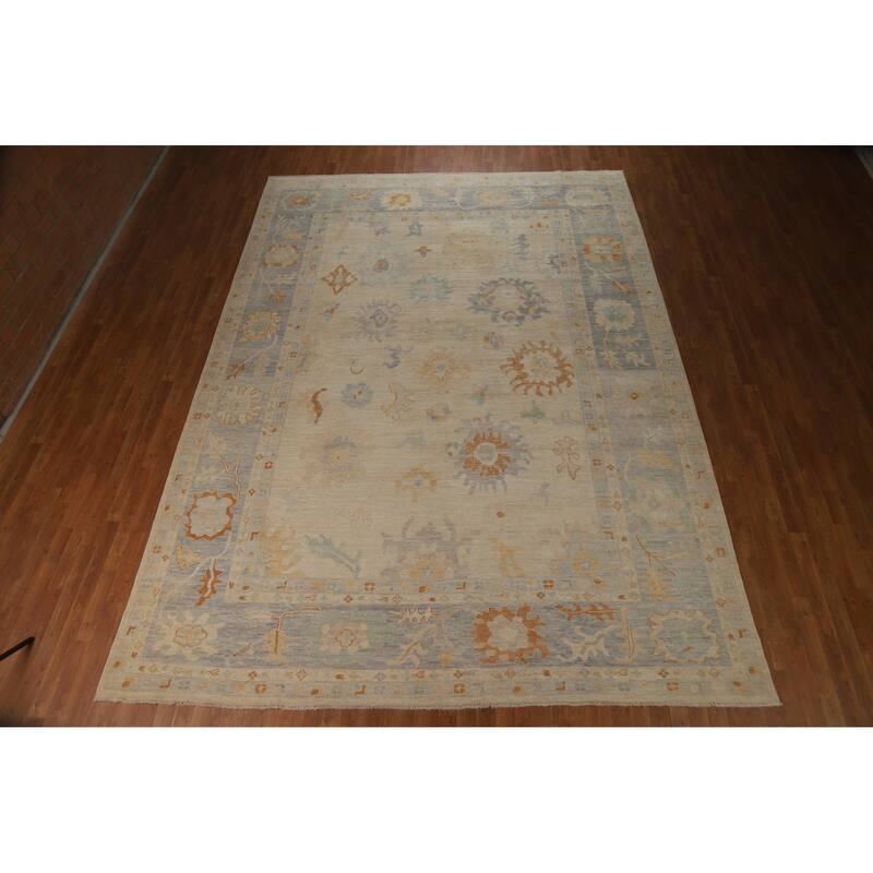 Hand Knotted Oriental 100% Wool Carpet Transitional All-Over Beige & Ivories Oushak Area Rug - 13' 8'' X 9' 10''