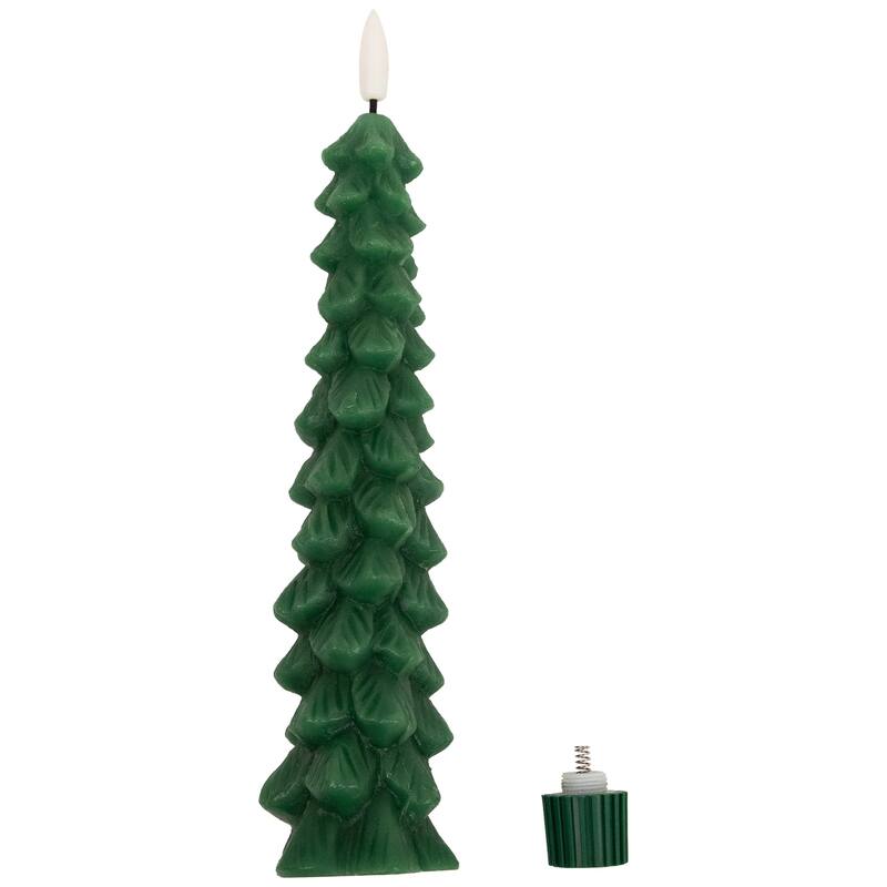 Flickering LED Flameless Wax Tapered Christmas Tree Candles - 9.75" - Green - Set of 2