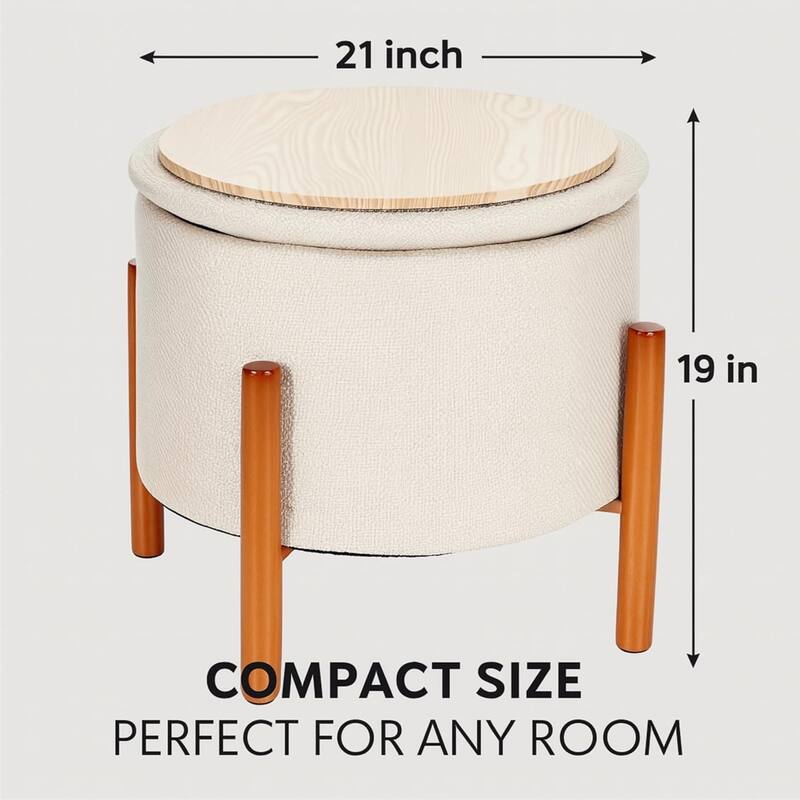 Modern Linen Ottoman with Pine Legs and Hidden Storage Flip Tray