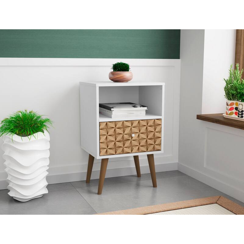 Modern 1-Drawer Nightstand in Natural and White with Splayed Legs and Metal Handle