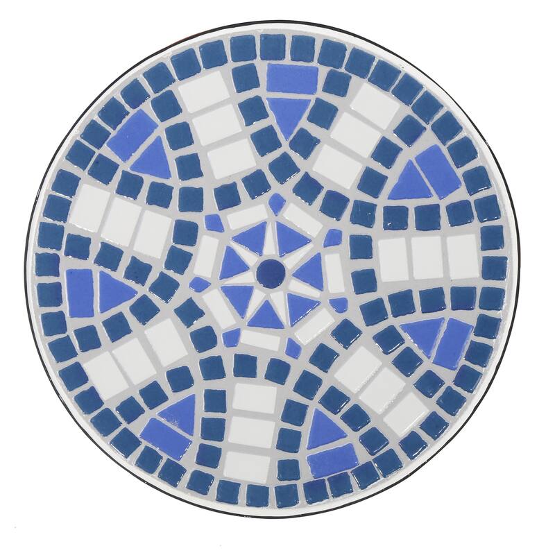 Roomfitters End Table, Round Outdoor Side Table with Blue Mosaic Top and Curved Metal Legs for Patio or Garden, White+Blue