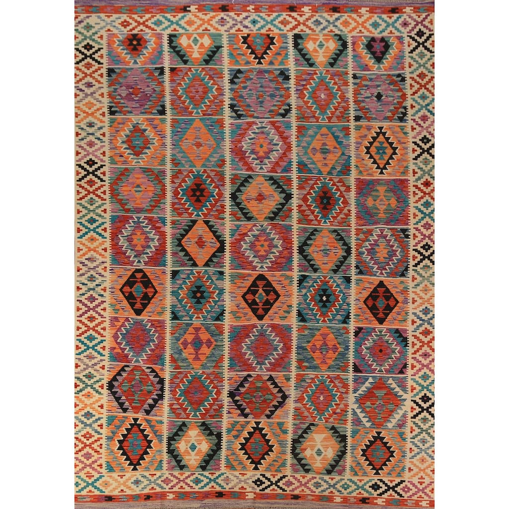All-Over Geometric Kilim Reversible Area Rug Hand-Woven Wool Carpet - 8'2"x 11'2"