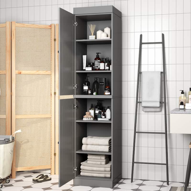 100% Solid Wood Tall Freestanding Bathroom Linen Cabinet with Doors, Adjustable Shelves, Modular Storage, 16.5" W x 71.5" H