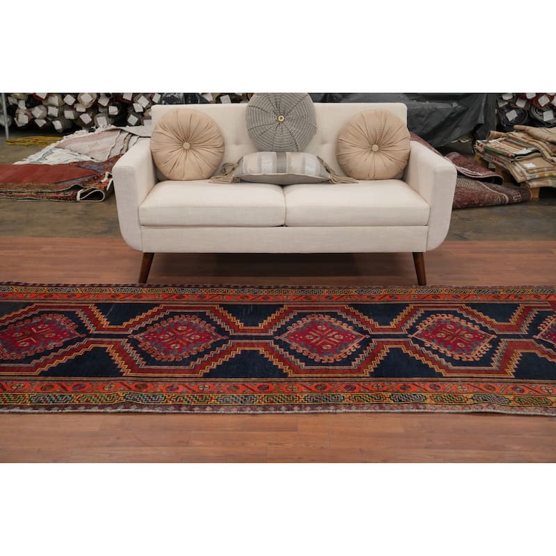 Hand Knotted Oriental 100% Wool Carpet Traditional Geometric Navy Blue & Blues Ardebil Runner Rug - 10' 5'' X 3' 9''