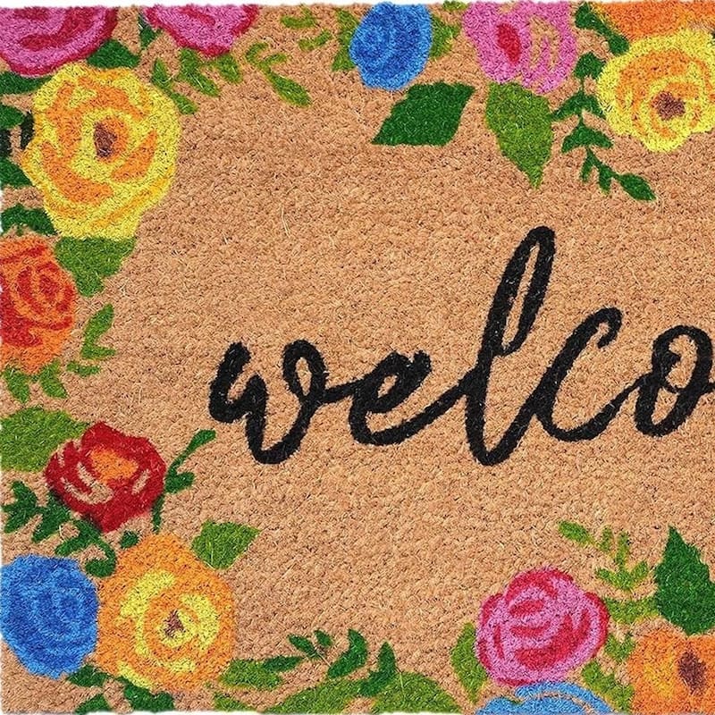 HomeRoots 17" X 29" Natural Blue Pink And Yellow Floral Welcome Outdoor Coir Door Mat - 17' X '29