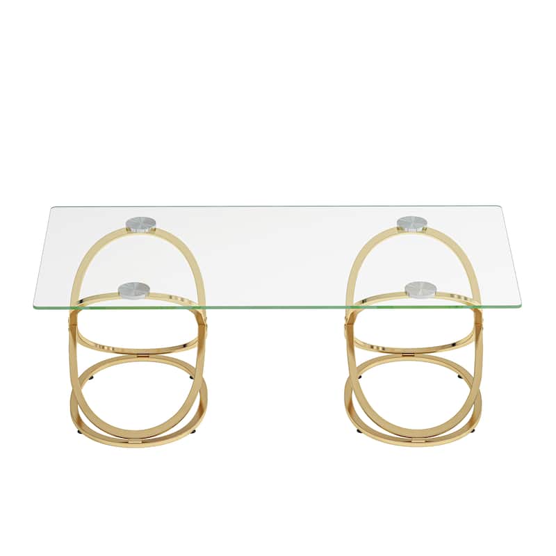 31.50"Modern Rectangle Glass Coffee Table with Ring-Shaped Frames, Chrome Finish and Gray Tempered Glass