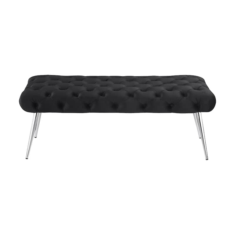 Velvet and Metal Bench with Button-Tufting Design - Black