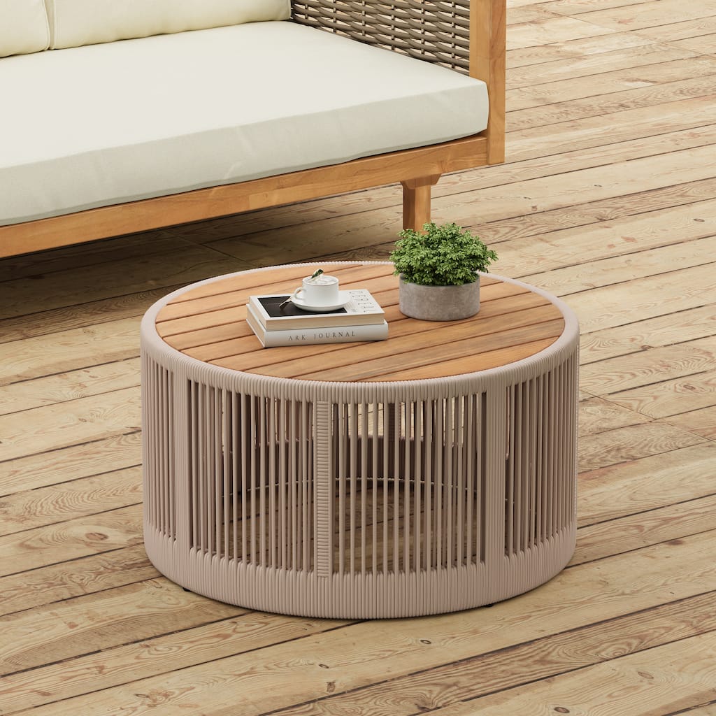 Roomfitters 31.5" Round Outdoor Coffee Table, Acacia Wood and Rattan Rope Accent Table for Patio and Balcony