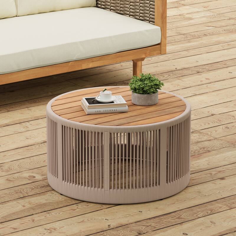 Roomfitters 31.5" Round Outdoor Coffee Table, Acacia Wood and Rattan Rope Accent Table for Patio and Balcony
