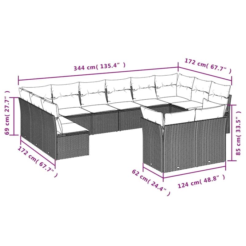 vidaXL Patio Sofa Set with Cushions Outdoor Conversation Furniture Poly Rattan - 21.7" x 24.4" x 27.2"