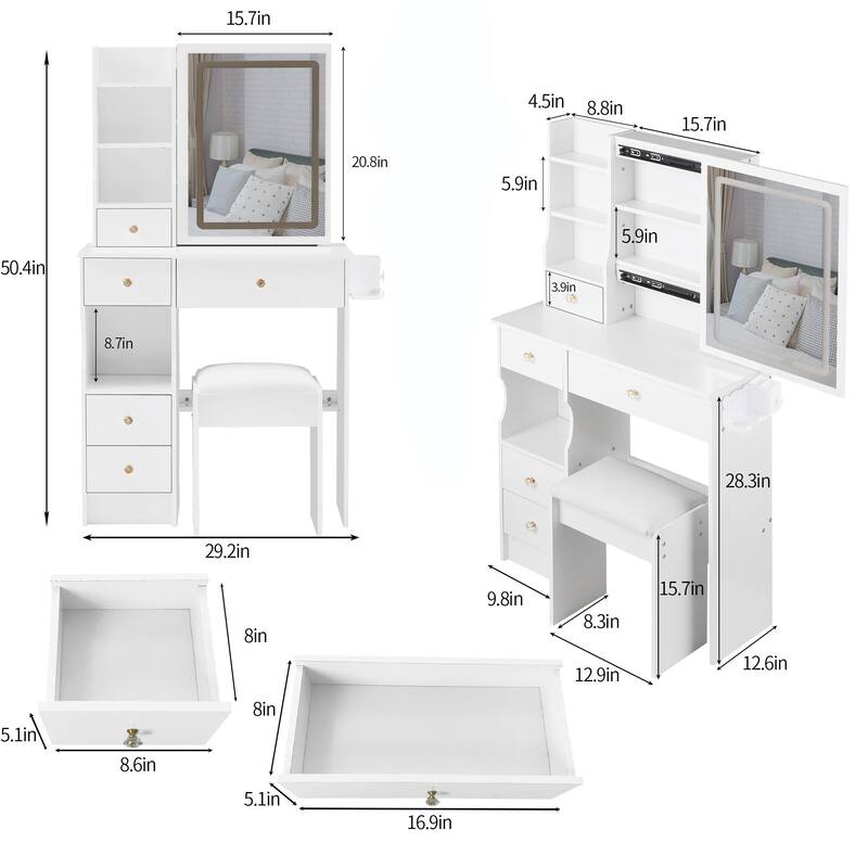 29.2" Small Size Left Drawer Desktop Vanity Table + Cushioned Stool, 2 AC+2 USB Power Station, Hair dryer bracket