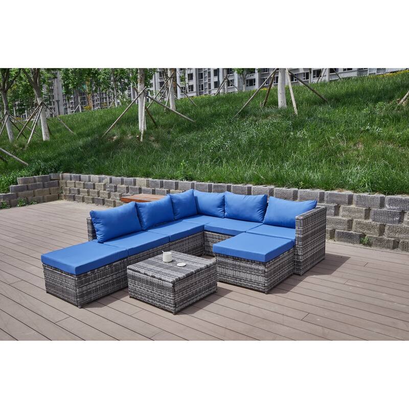 8 Pcs Patio Sectional Sofa Set, All-Weather Outdoor PE Rattan Wicker Conversation Furniture Set with Cushions and Tea Table