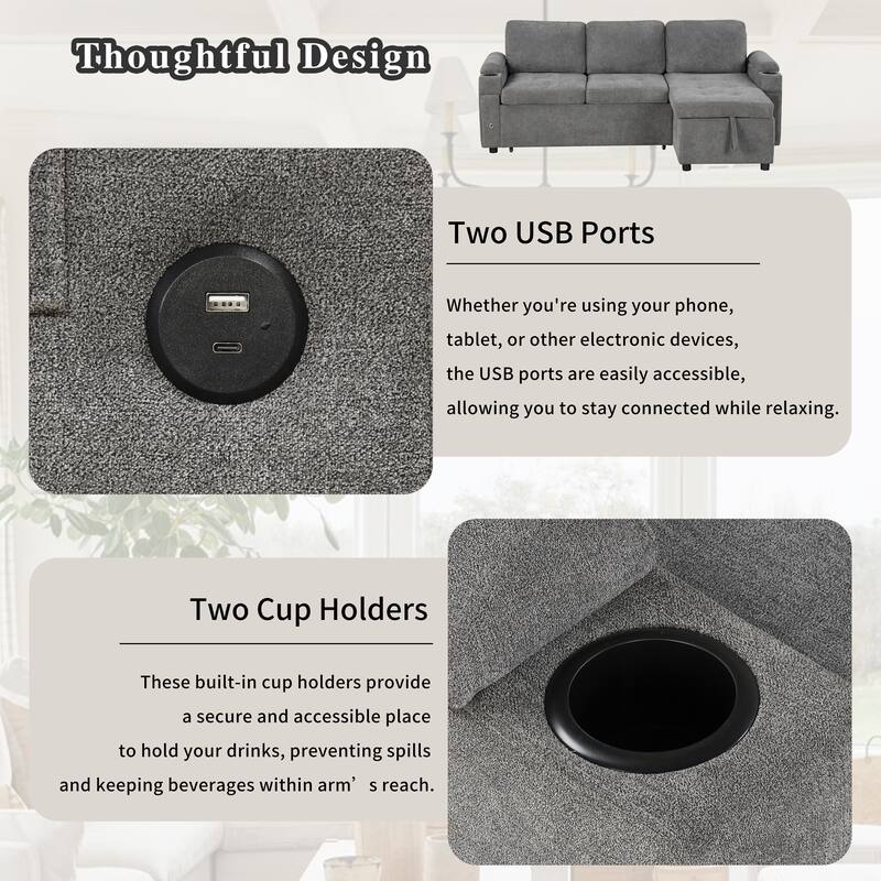 83.5" L-shaped Sofa Couch Convertible Sofa Bed Sectional Sofa with Ample Storage Space, Two Cup Holders and Two USB Ports